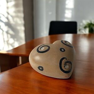 Vintage Carved Soapstone Heart Paper Weight Tribal Hand painted